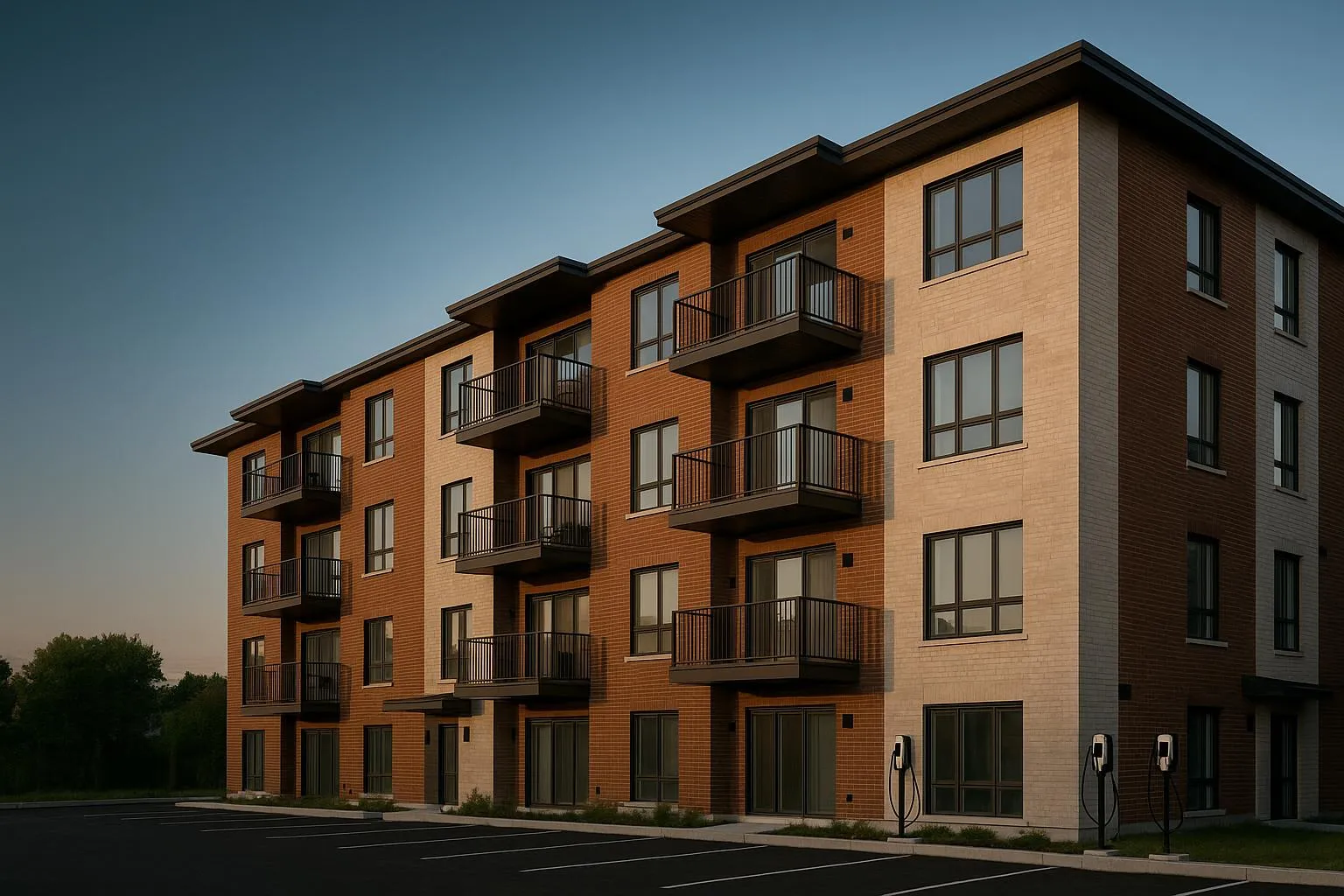 Immeuble résidentiel multi-logements moderne avec bornes de recharge