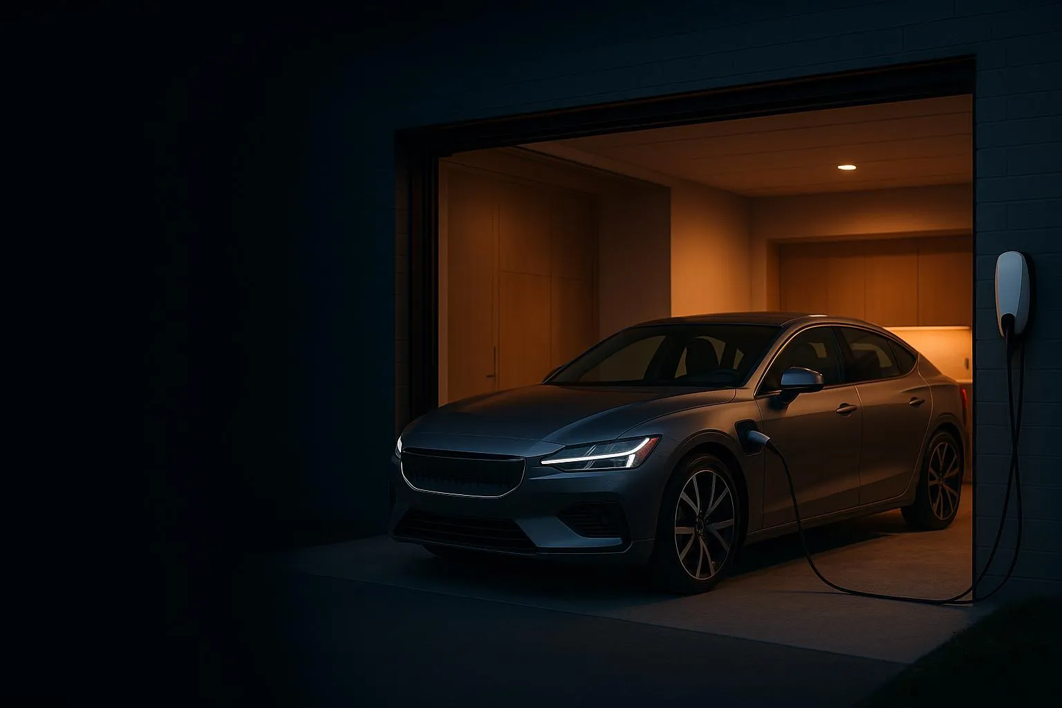 Véhicule électrique en recharge dans un garage résidentiel au crépuscule