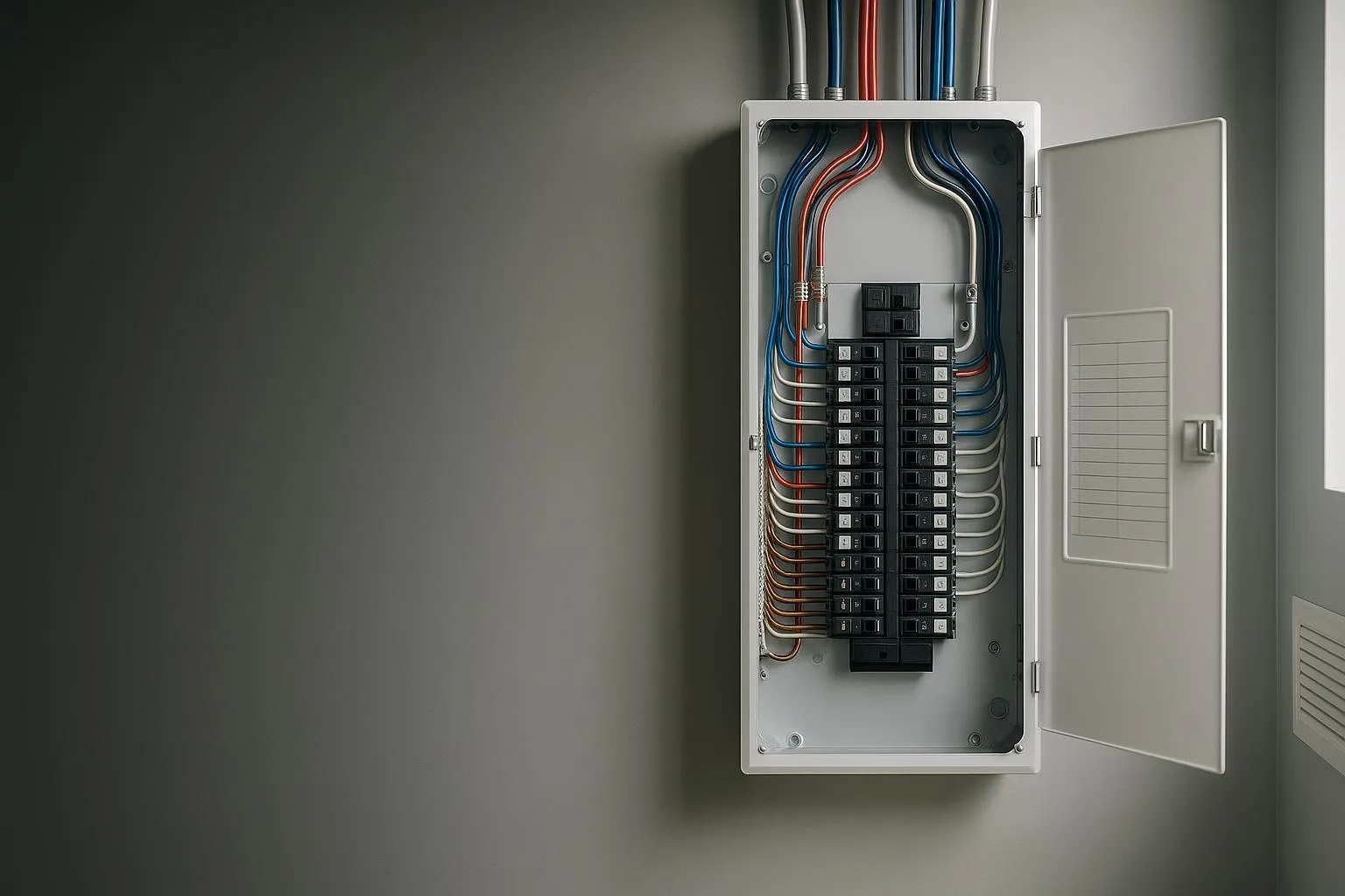 Panneau électrique résidentiel avec disjoncteurs et câblage