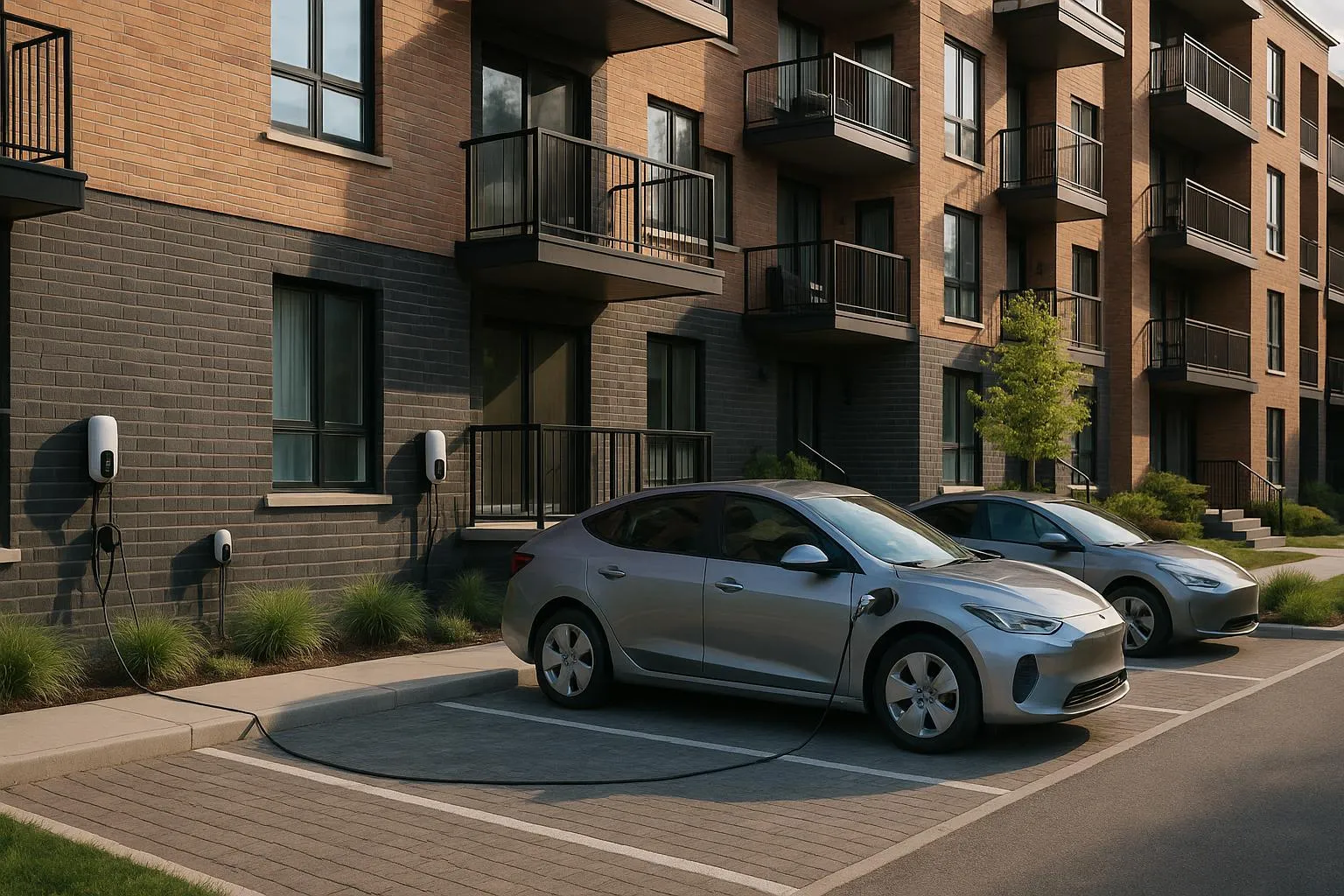 Bornes de recharge installées dans le stationnement d'une copropriété à Laval