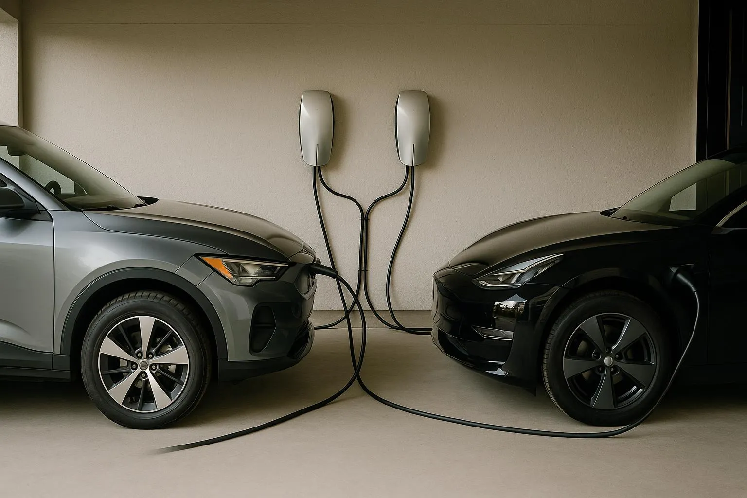 Deux bornes 240 V installées en parallèle dans un garage double
