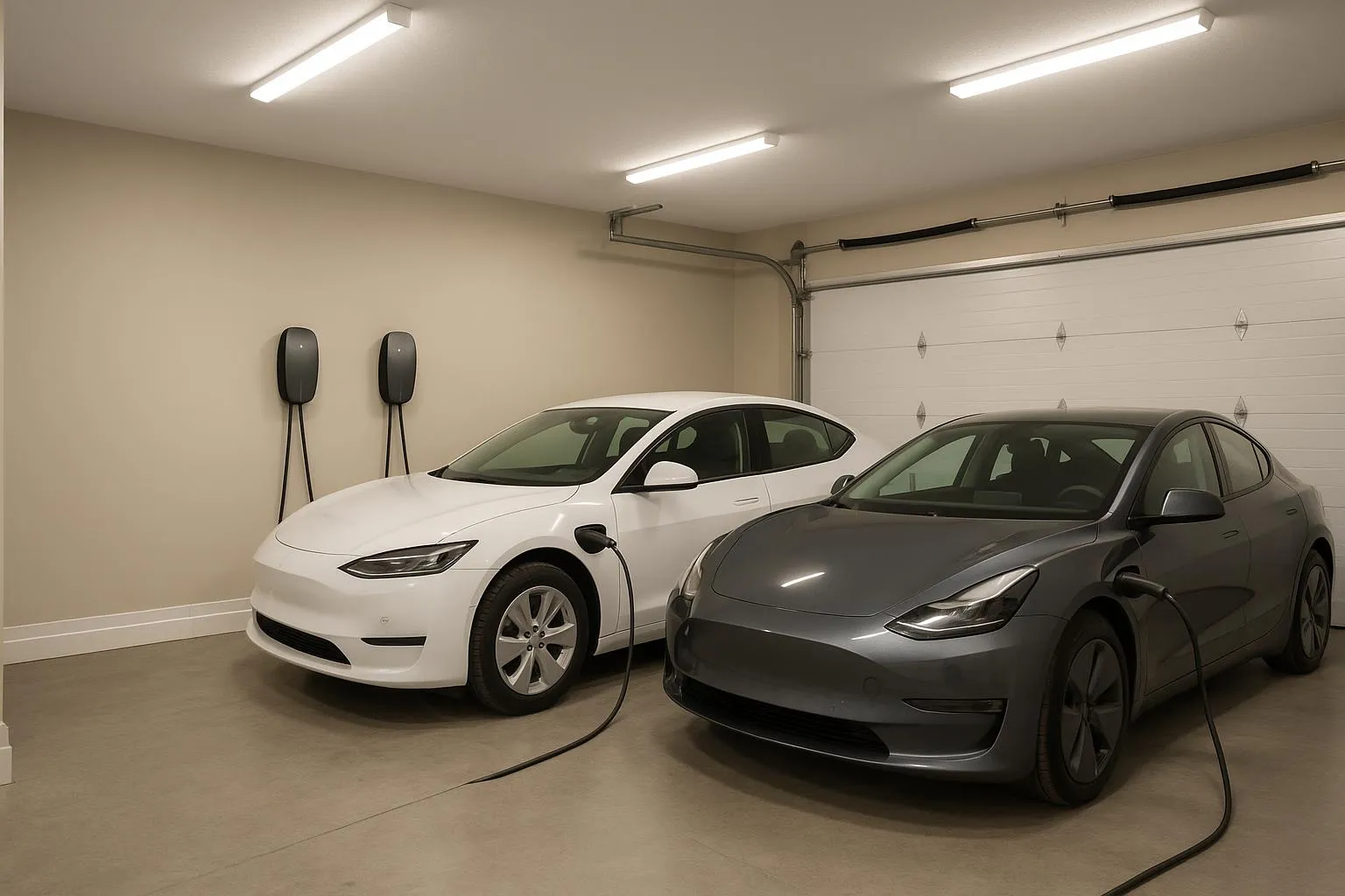 Deux bornes de recharge dans un garage double résidentiel