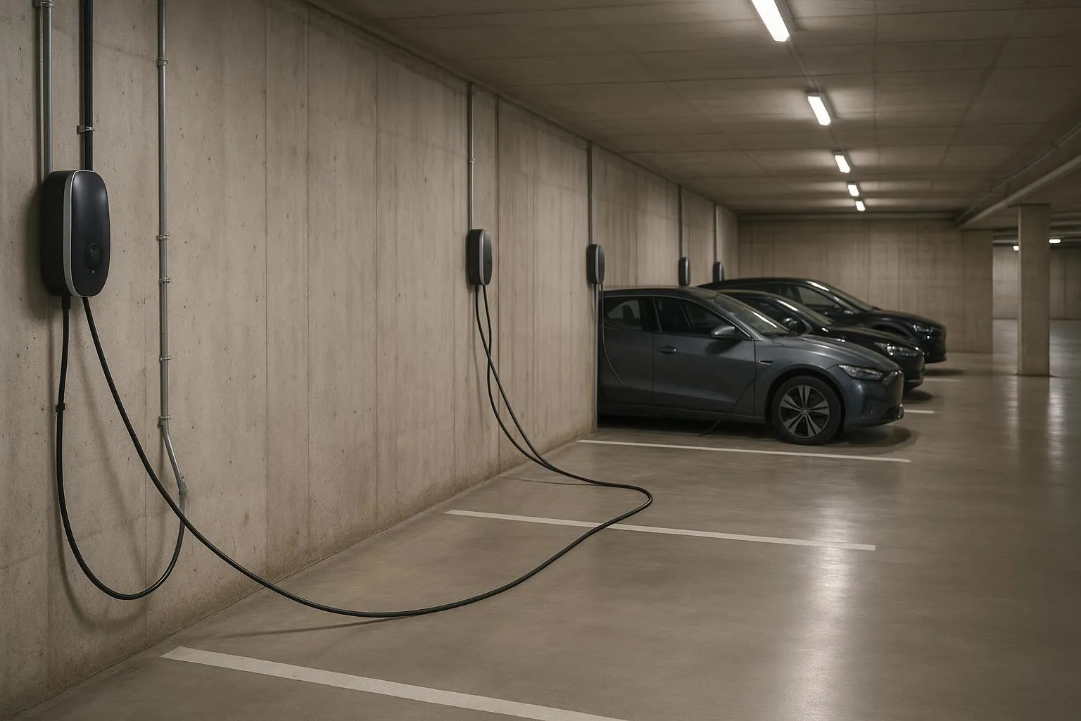 Rangée de bornes de recharge dans un stationnement de copropriété