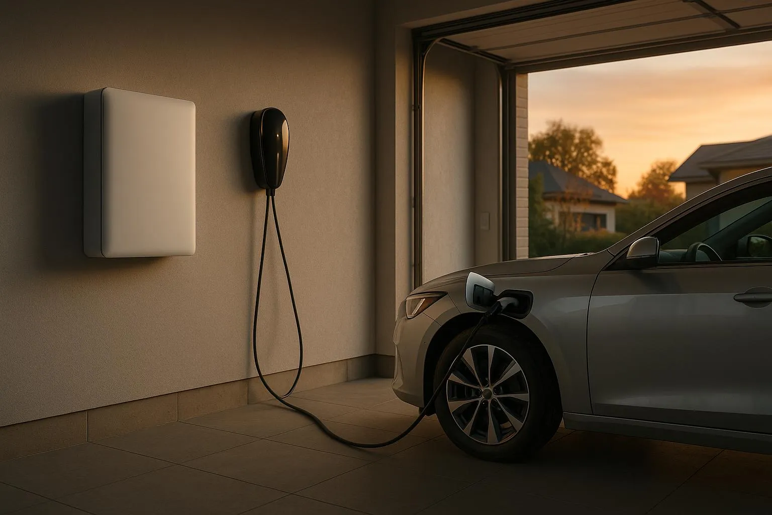 Batterie Powerwall et borne de recharge dans un garage résidentiel